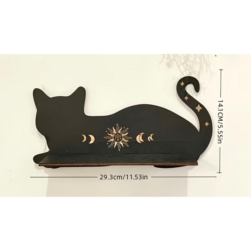Black Cat Celestial Shelf Sun Moon Phases Wooden